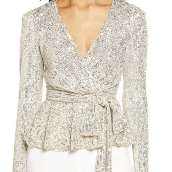 Nwt Eliza J Stretch Sequin Long Sleeve Surplice V-Neck Tie Waist Faux Wrap Top 6 - Picture 11 of 11
